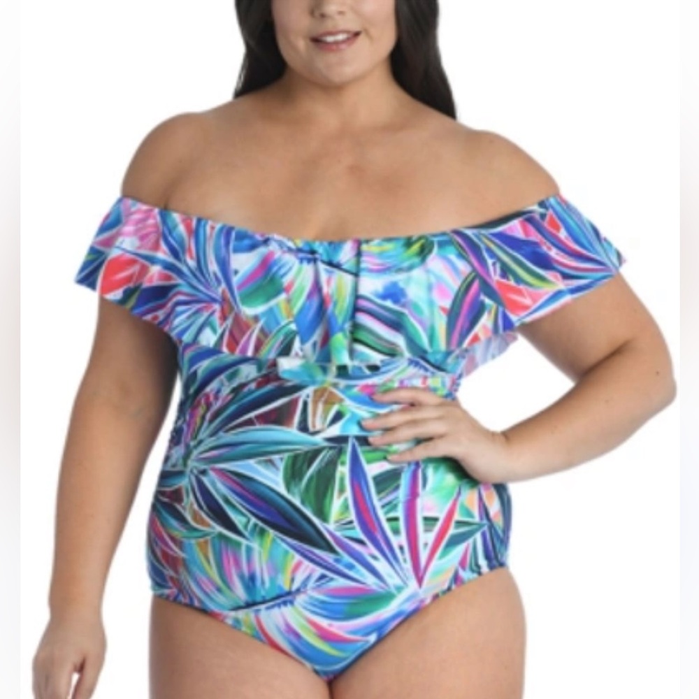 La Blanca Palm Off the Shoulder One Piece Swimsuit SZ 16 EUC